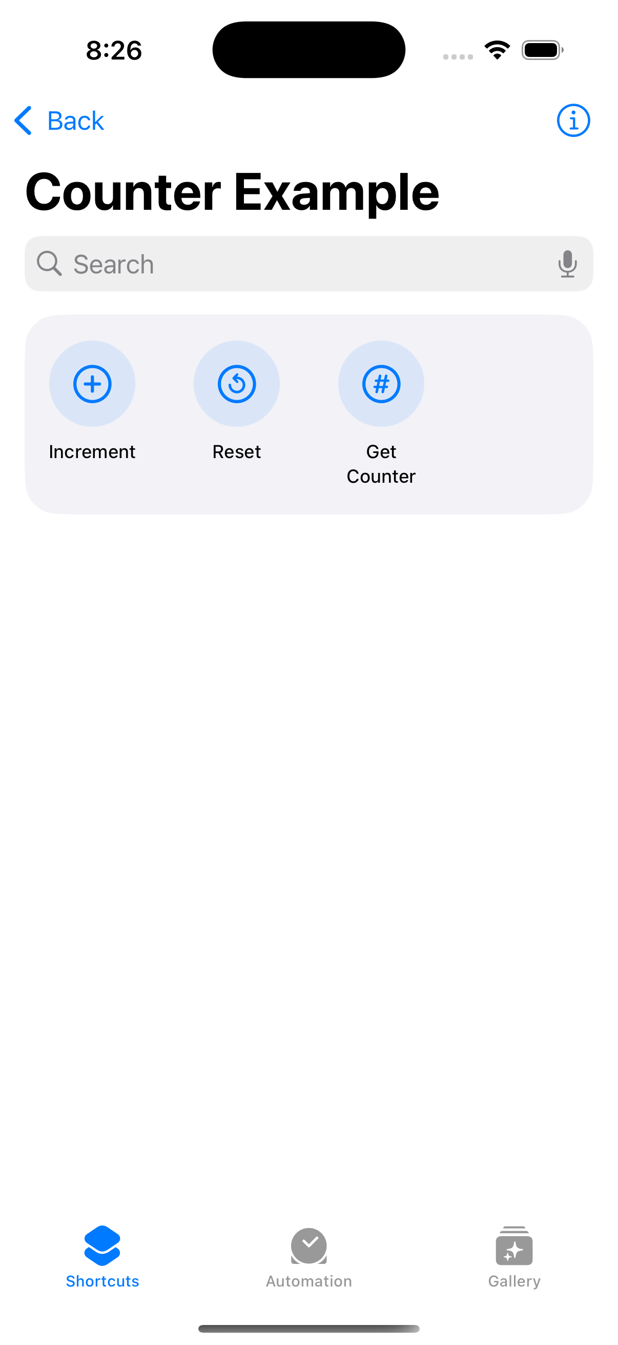 Counter Example shortcuts page - tap info icon