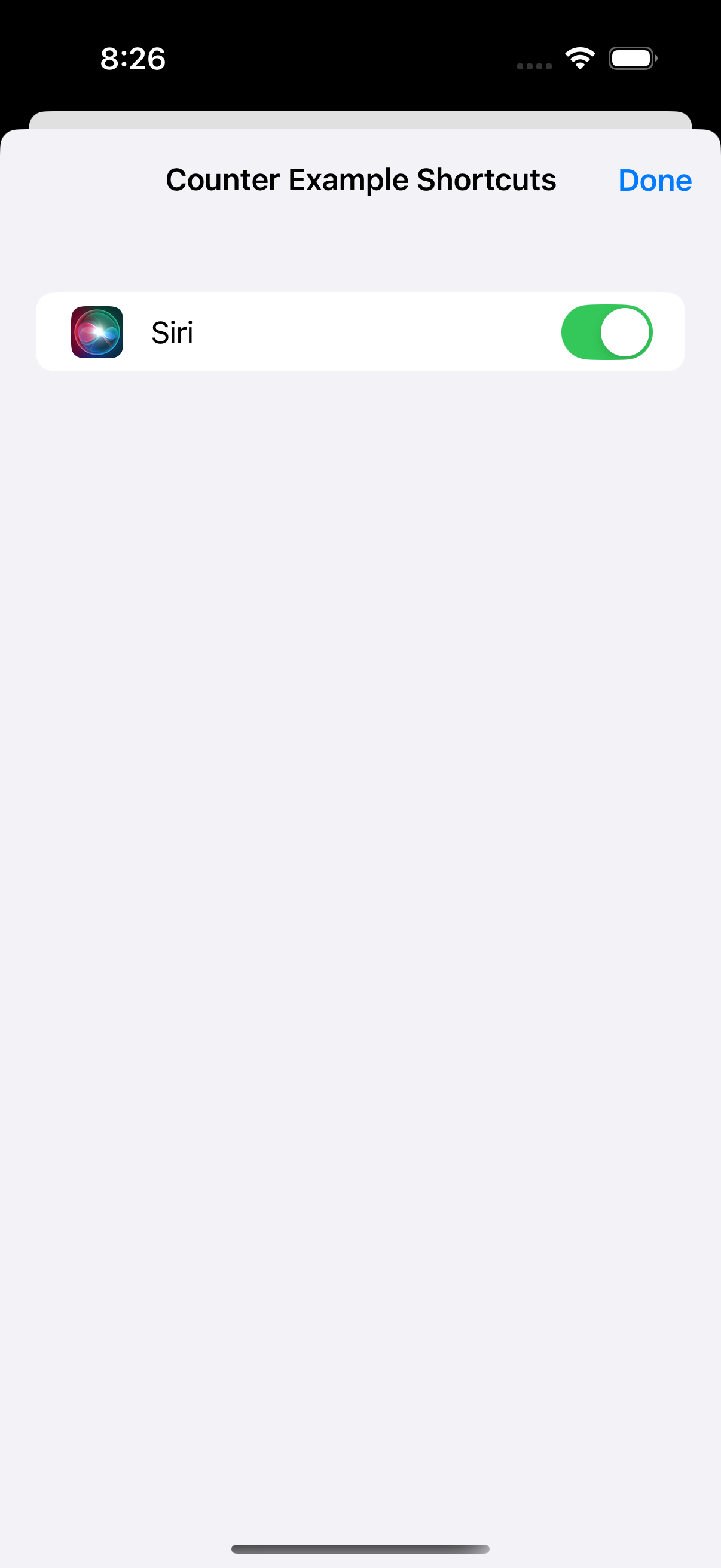 Siri toggle enabled for the app